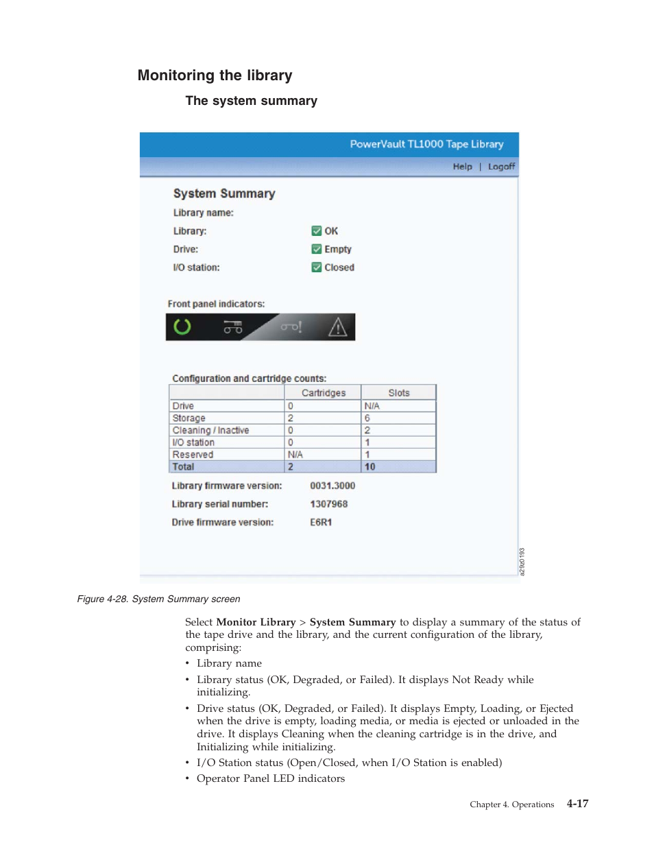 Monitoring the library, The system summary, System summary screen | Dell PowerVault TL1000 User Manual | Page 85 / 194