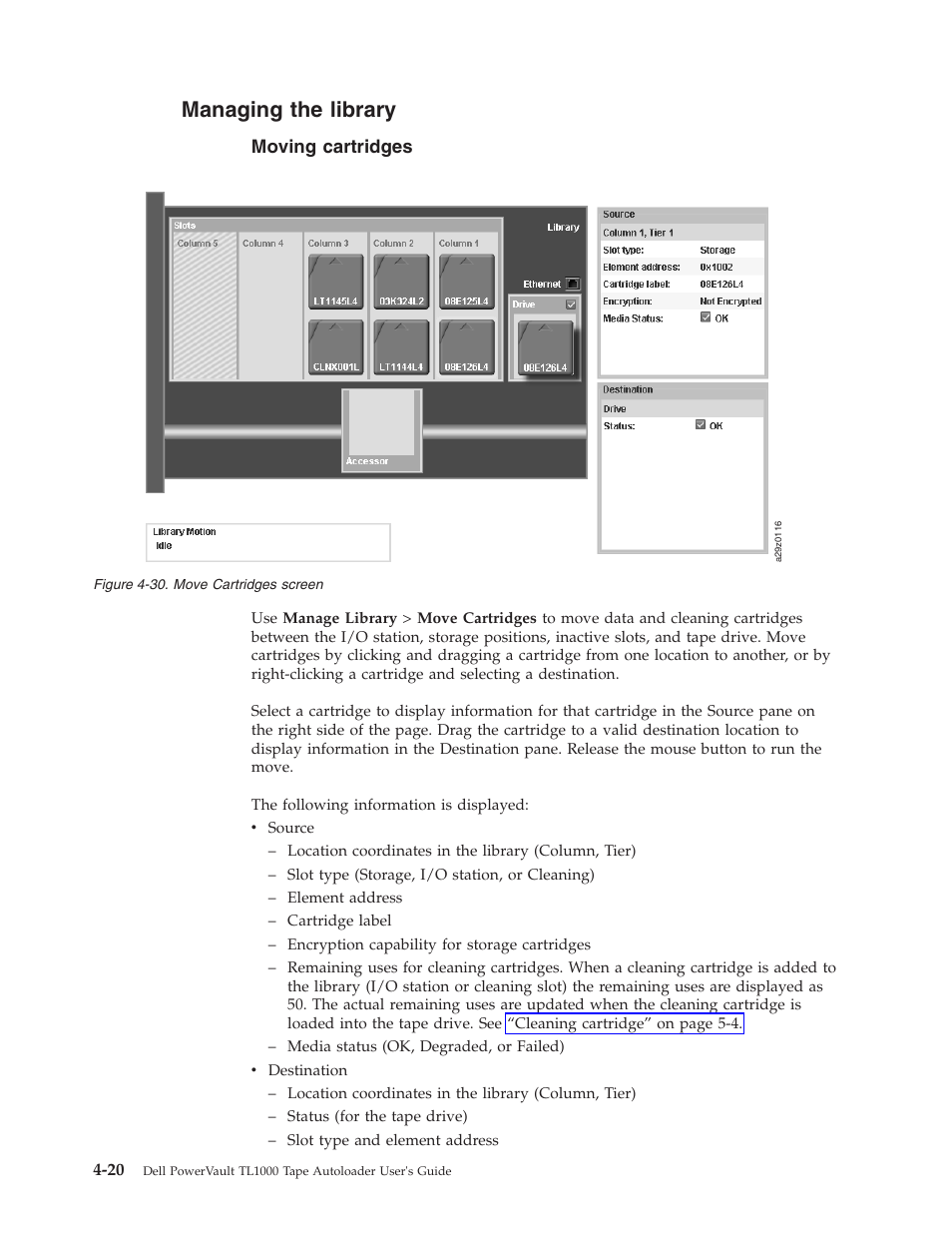 Managing the library, Moving cartridges, Move cartridges screen | Dell PowerVault TL1000 User Manual | Page 88 / 194