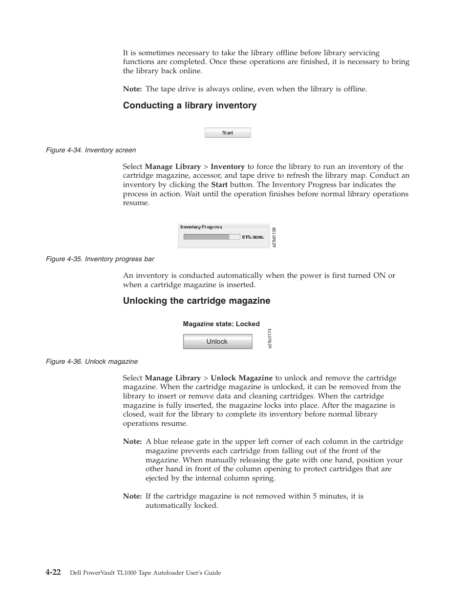 Conducting a library inventory, Unlocking the cartridge magazine, Inventory screen | Inventory progress bar, Unlock magazine | Dell PowerVault TL1000 User Manual | Page 90 / 194