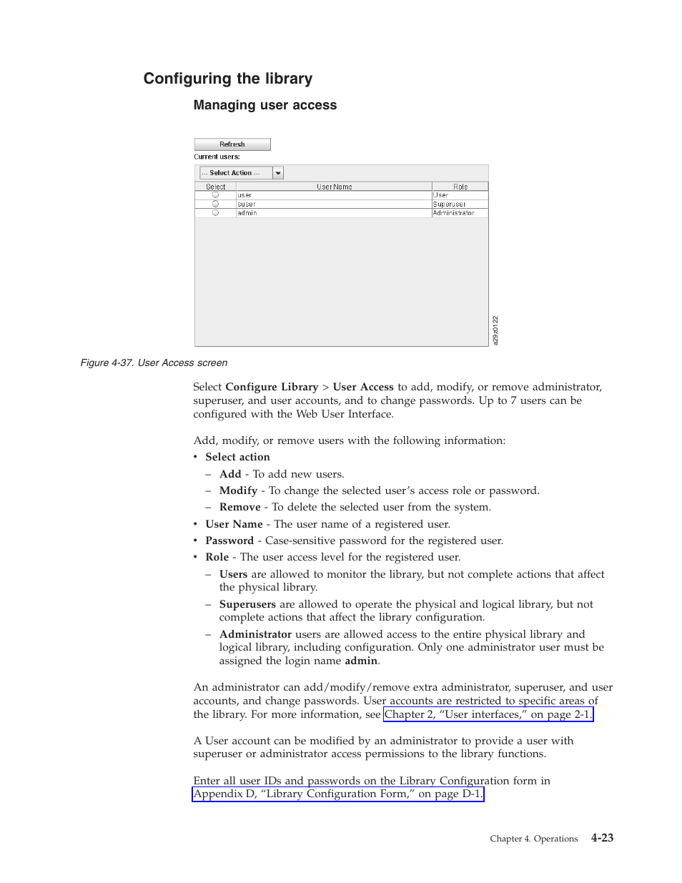 Configuring the library, Managing user access, User access screen | Dell PowerVault TL1000 User Manual | Page 91 / 194