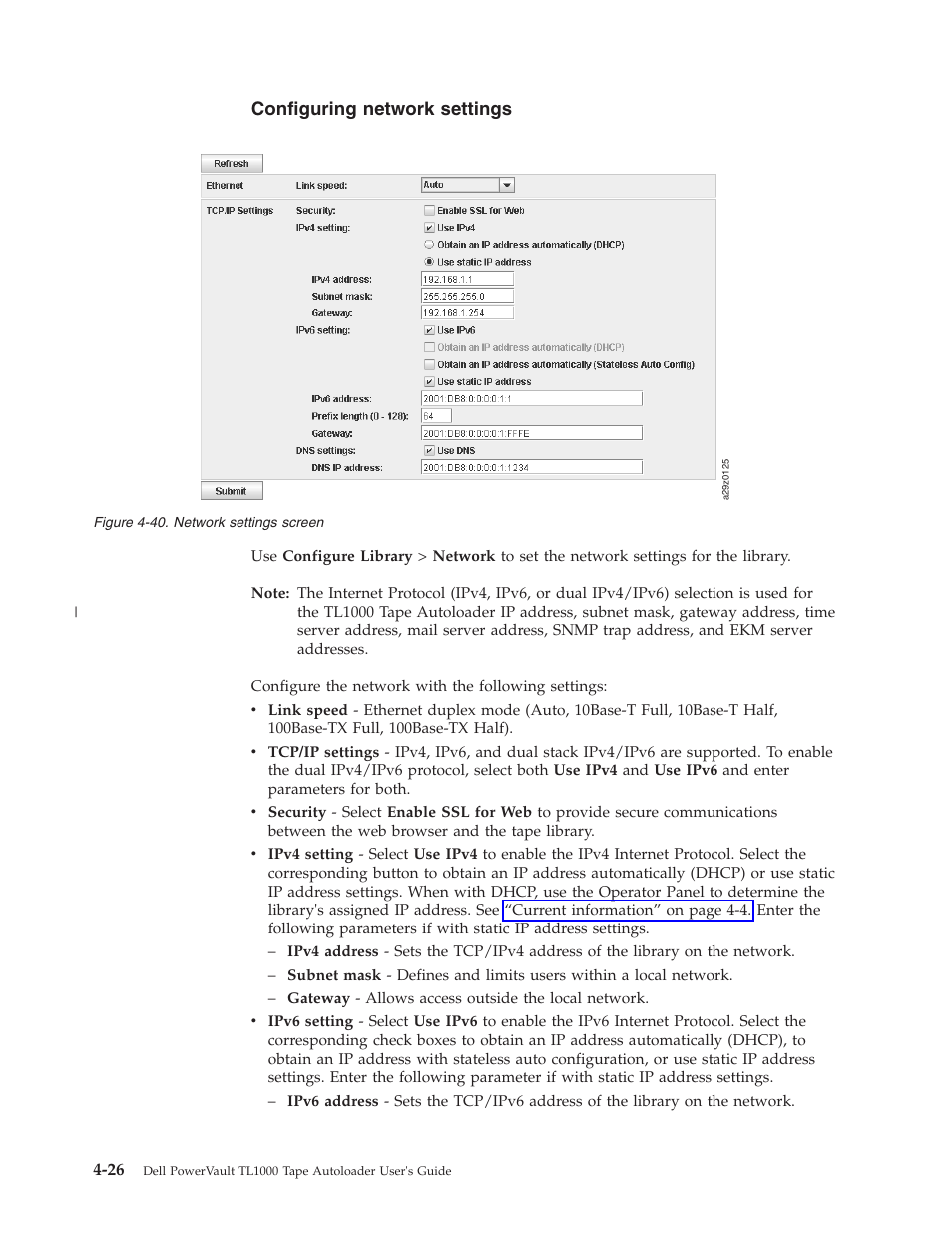 Configuring network settings, Network settings screen | Dell PowerVault TL1000 User Manual | Page 94 / 194