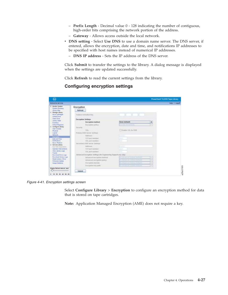 Configuring encryption settings, Encryption settings screen | Dell PowerVault TL1000 User Manual | Page 95 / 194