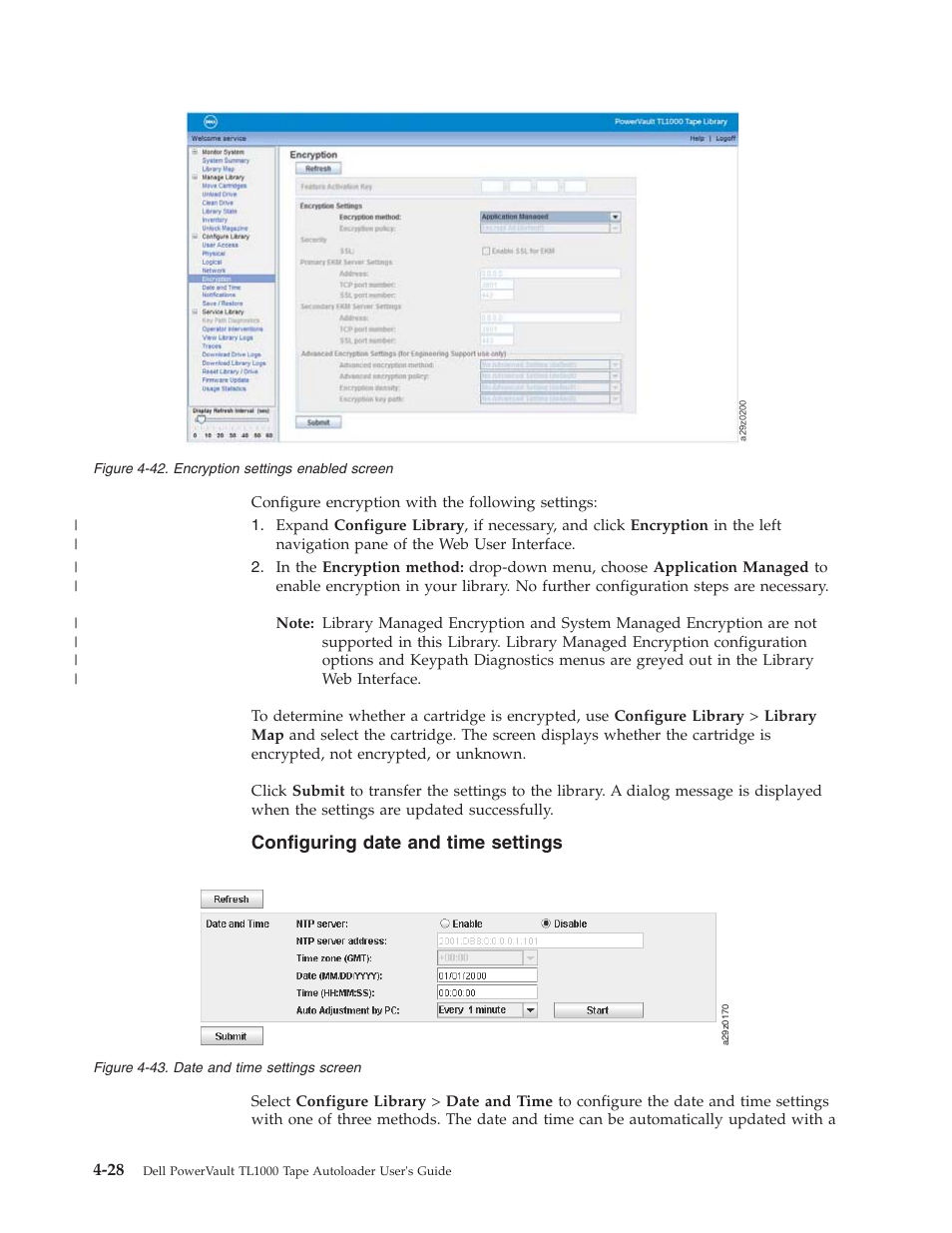 Configuring date and time settings, Encryption settings enabled screen, Date and time settings screen | Dell PowerVault TL1000 User Manual | Page 96 / 194
