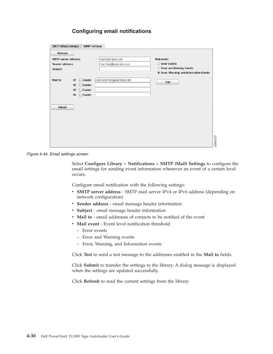 Configuring email notifications, Email settings screen | Dell PowerVault TL1000 User Manual | Page 98 / 194