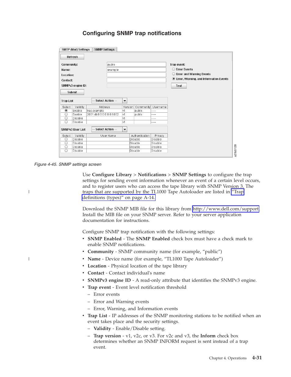 Configuring snmp trap notifications, Snmp settings screen | Dell PowerVault TL1000 User Manual | Page 99 / 194