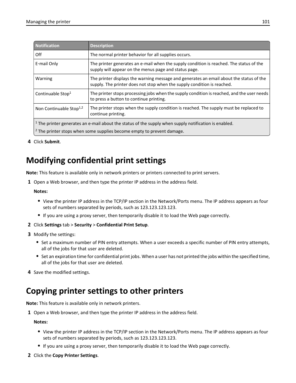 Modifying confidential print settings, Copying printer settings to other printers | Dell B3460dn Mono Laser Printer User Manual | Page 101 / 165