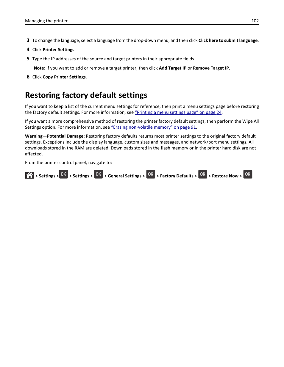 Restoring factory default settings | Dell B3460dn Mono Laser Printer User Manual | Page 102 / 165