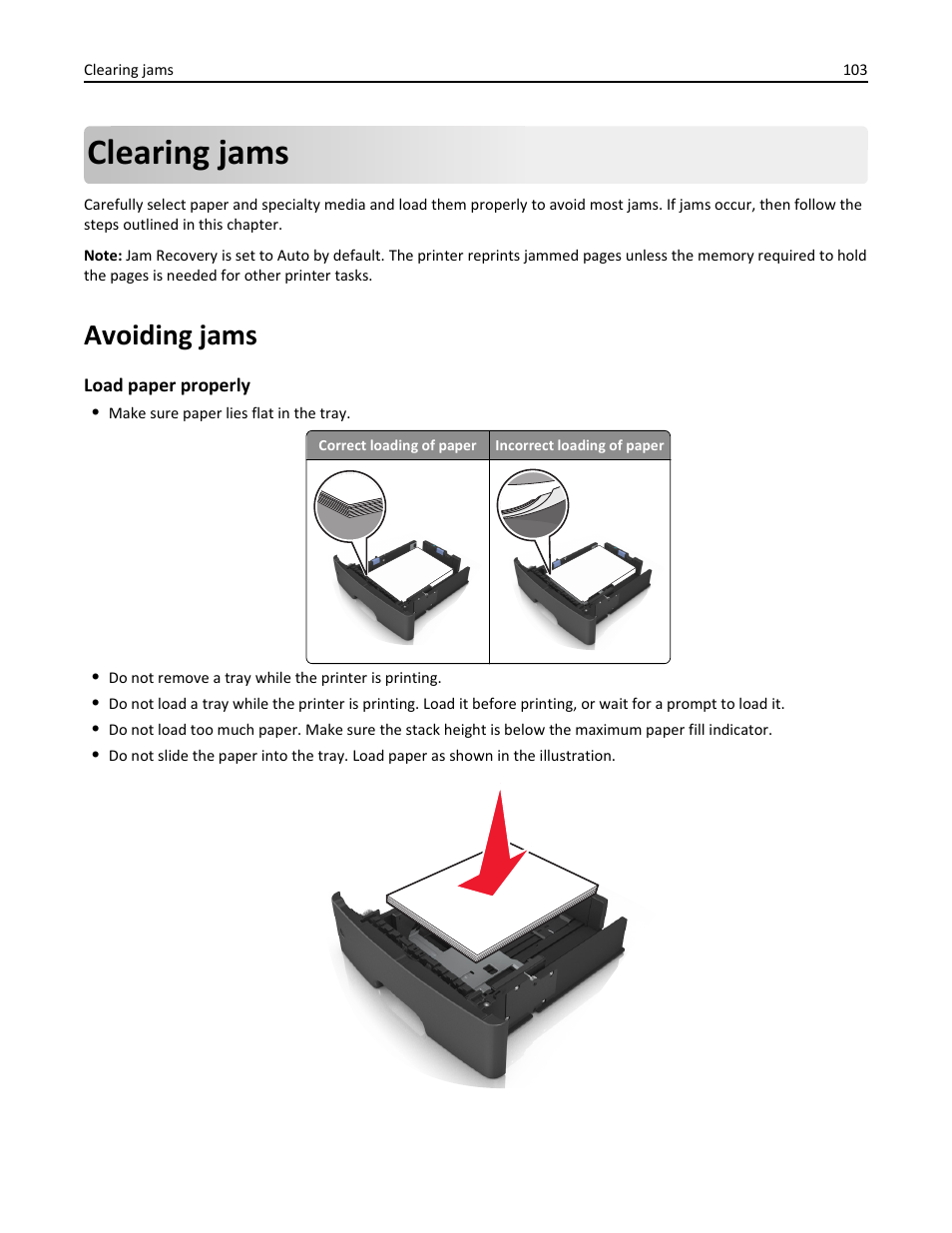 Clearing jams, Avoiding jams | Dell B3460dn Mono Laser Printer User Manual | Page 103 / 165