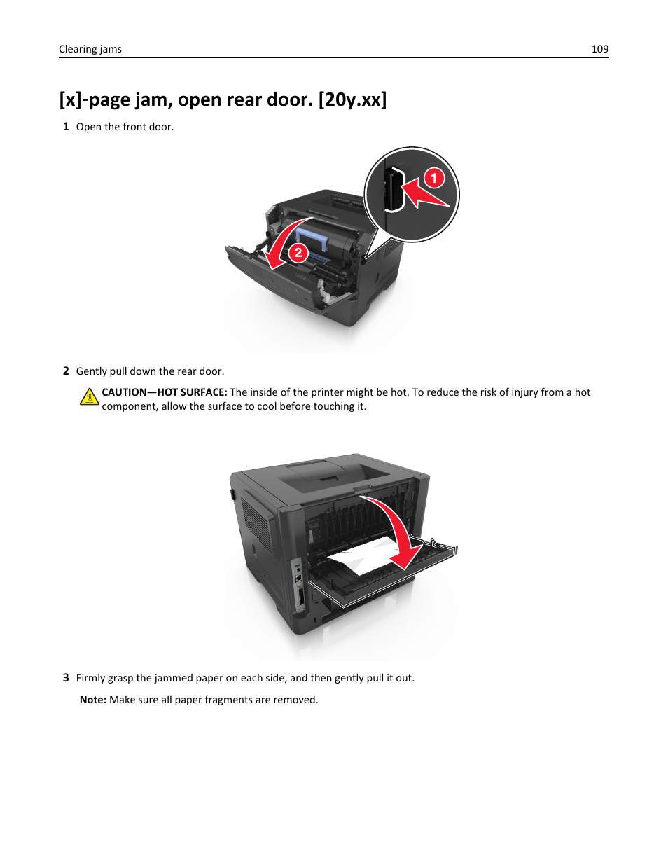 X] ‑ page jam, open rear door. [20y.xx | Dell B3460dn Mono Laser Printer User Manual | Page 109 / 165
