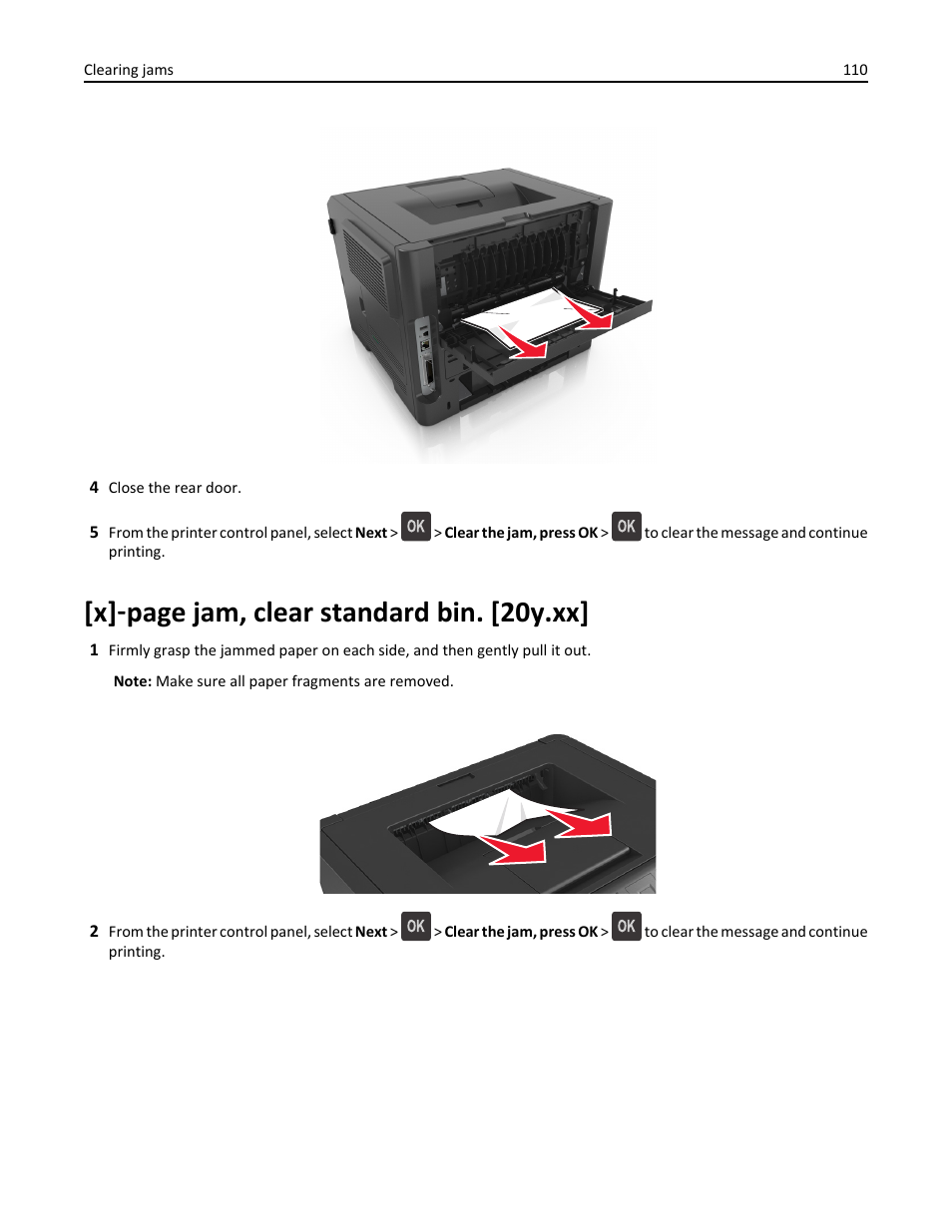 X] ‑ page jam, clear standard bin. [20y.xx | Dell B3460dn Mono Laser Printer User Manual | Page 110 / 165