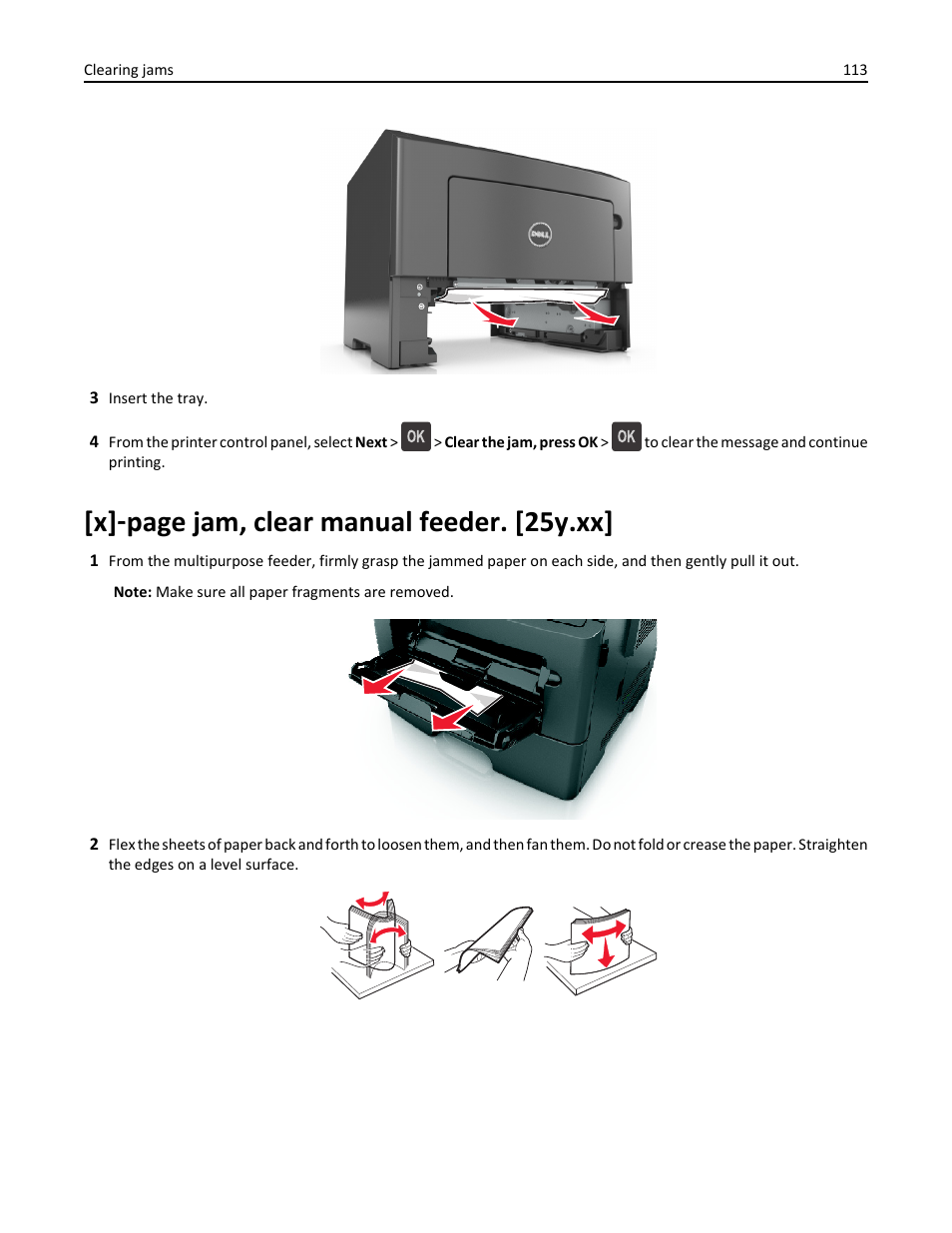 X] ‑ page jam, clear manual feeder. [25y.xx | Dell B3460dn Mono Laser Printer User Manual | Page 113 / 165