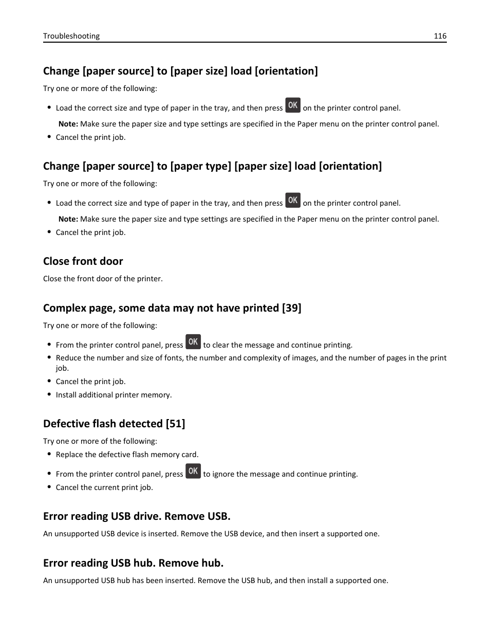 Close front door, Defective flash detected [51, Error reading usb drive. remove usb | Error reading usb hub. remove hub, Complex page, some data may not have printed [39 | Dell B3460dn Mono Laser Printer User Manual | Page 116 / 165