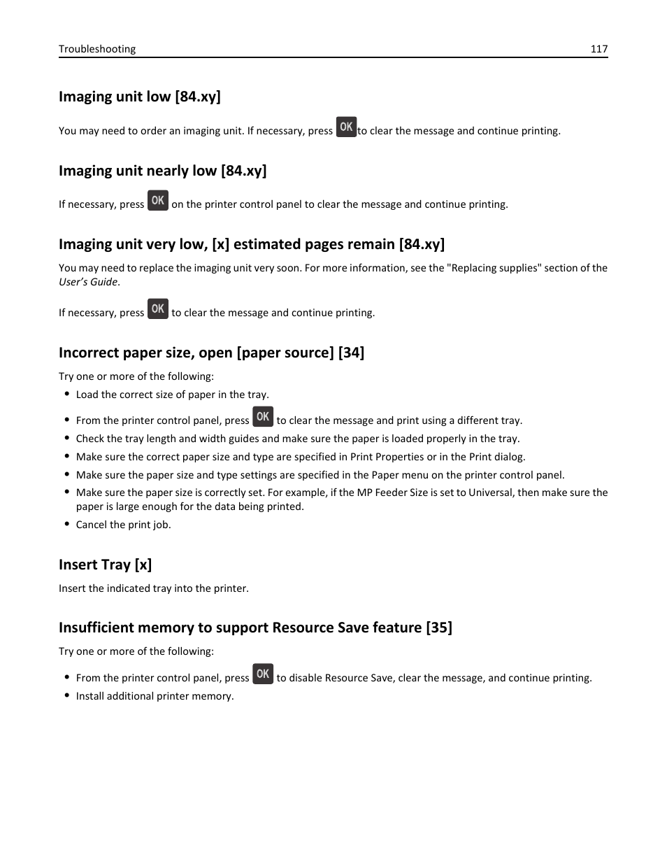 Imaging unit low [84.xy, Imaging unit nearly low [84.xy, Incorrect paper size, open [paper source] [34 | Insert tray [x | Dell B3460dn Mono Laser Printer User Manual | Page 117 / 165