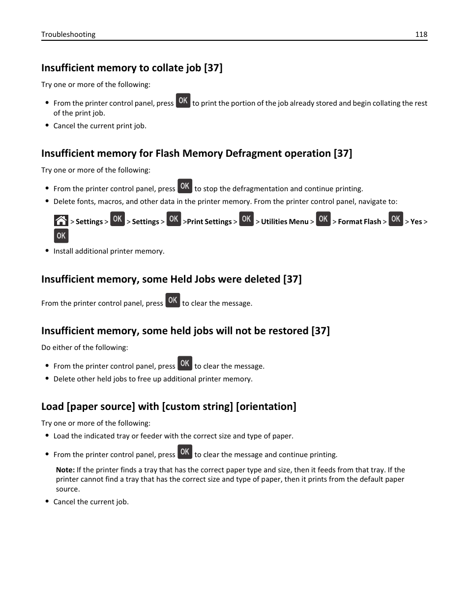 Insufficient memory to collate job [37 | Dell B3460dn Mono Laser Printer User Manual | Page 118 / 165