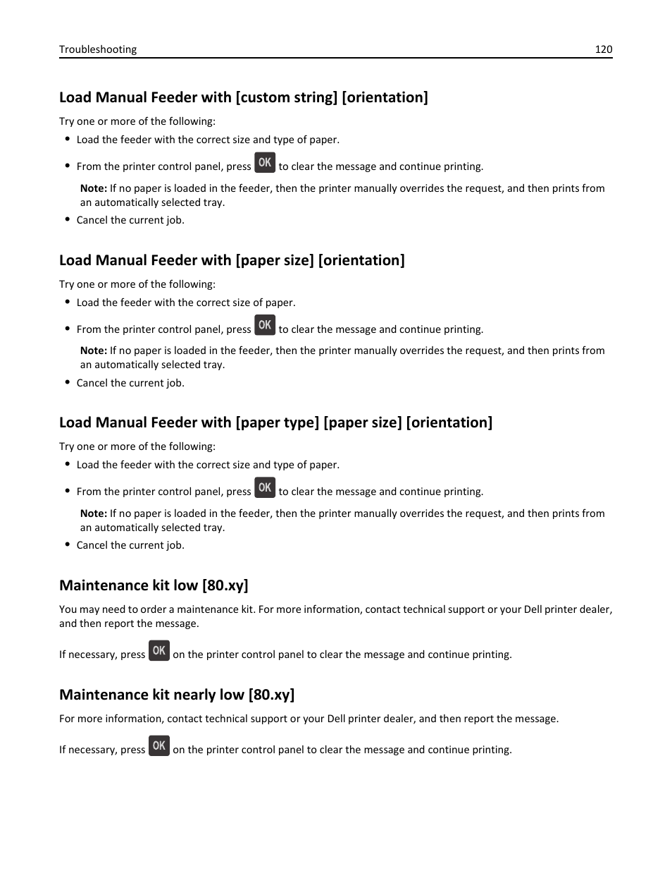 Load manual feeder with [paper size] [orientation, Maintenance kit low [80.xy, Maintenance kit nearly low [80.xy | Dell B3460dn Mono Laser Printer User Manual | Page 120 / 165