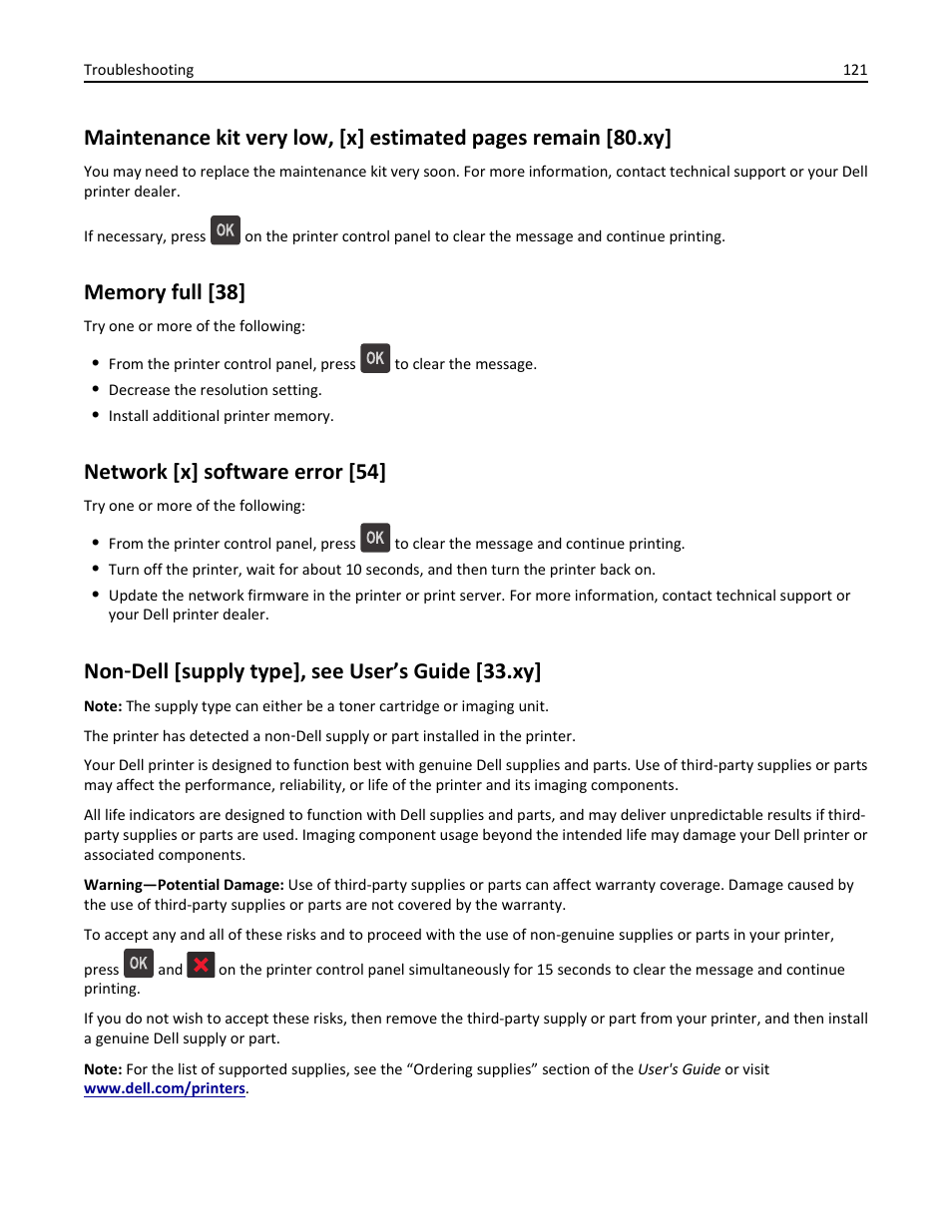 Memory full [38, Network [x] software error [54, Non-dell [supply type], see user’s guide [33.xy | Non ‑ dell [supply type], see user’s guide [33.xy | Dell B3460dn Mono Laser Printer User Manual | Page 121 / 165