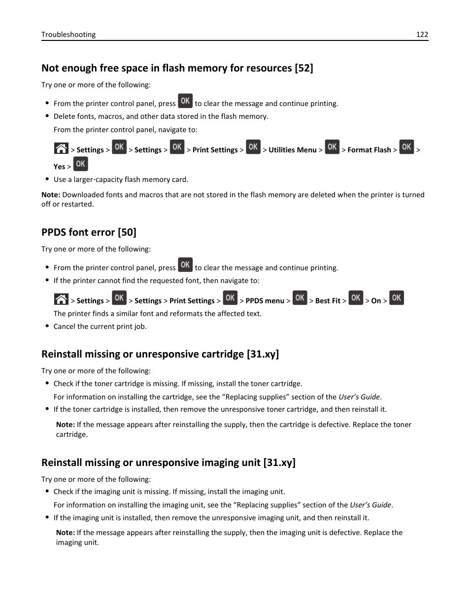 Ppds font error [50, Reinstall missing or unresponsive cartridge [31.xy | Dell B3460dn Mono Laser Printer User Manual | Page 122 / 165