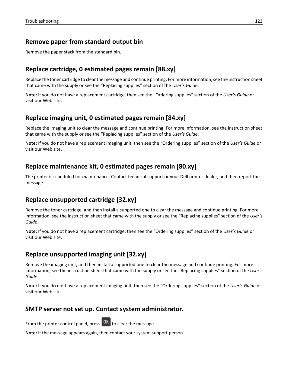 Remove paper from standard output bin, Replace unsupported cartridge [32.xy, Replace unsupported imaging unit [32.xy | Replace cartridge, 0 estimated pages remain [88.xy | Dell B3460dn Mono Laser Printer User Manual | Page 123 / 165