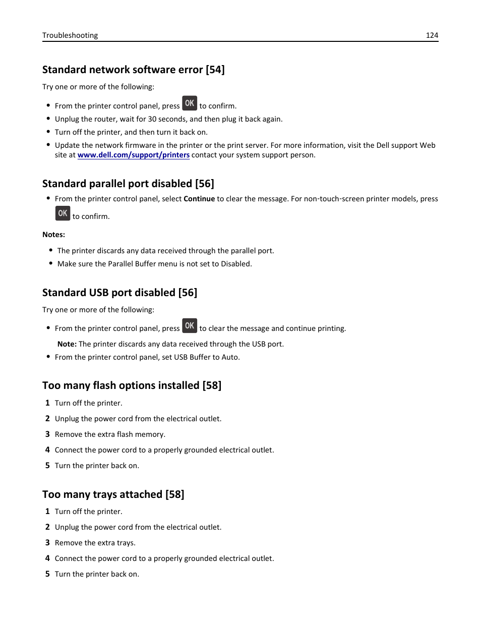 Standard network software error [54, Standard parallel port disabled [56, Standard usb port disabled [56 | Too many flash options installed [58, Too many trays attached [58 | Dell B3460dn Mono Laser Printer User Manual | Page 124 / 165