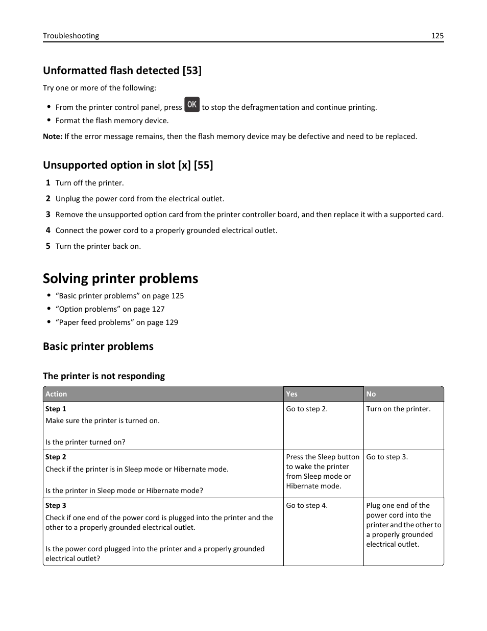 Unformatted flash detected [53, Unsupported option in slot [x] [55, Solving printer problems | Basic printer problems, The printer is not responding | Dell B3460dn Mono Laser Printer User Manual | Page 125 / 165