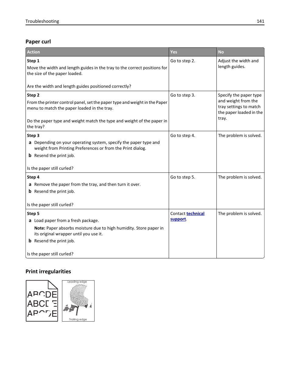 Paper curl, Print irregularities, Abcde | Dell B3460dn Mono Laser Printer User Manual | Page 141 / 165