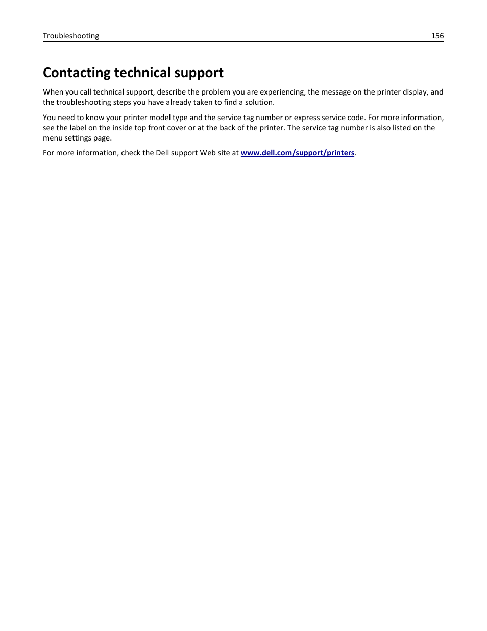 Contacting technical support, Technical, Support | Dell B3460dn Mono Laser Printer User Manual | Page 156 / 165