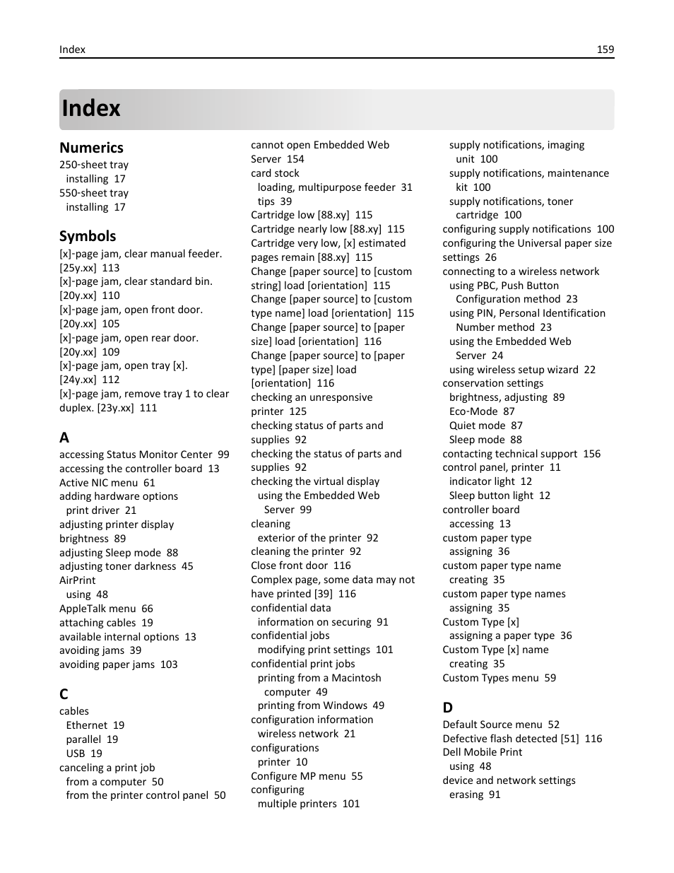 Index, Numerics, Symbols | Dell B3460dn Mono Laser Printer User Manual | Page 159 / 165