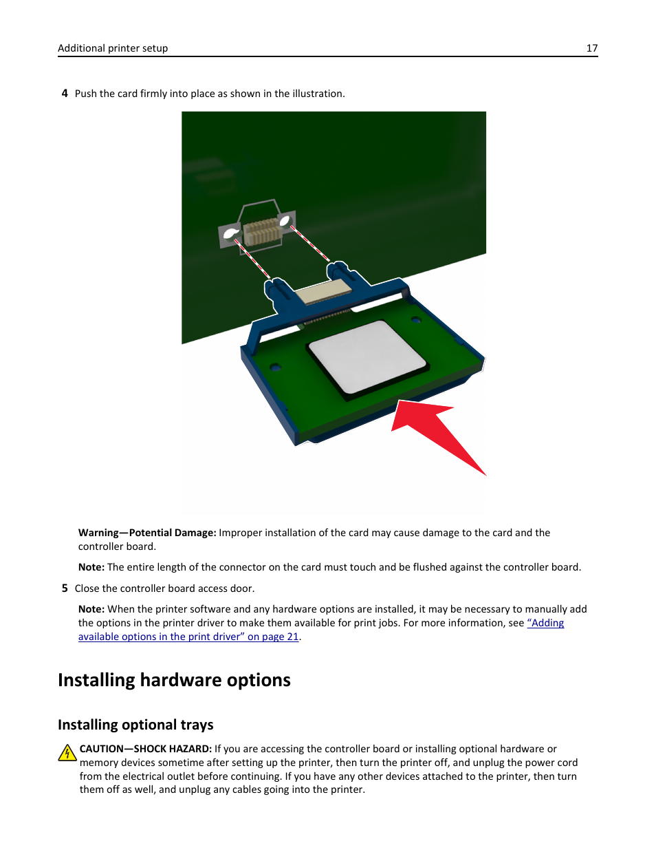 Installing hardware options, Installing optional trays | Dell B3460dn Mono Laser Printer User Manual | Page 17 / 165