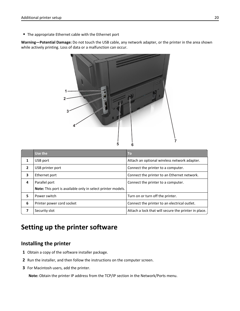 Setting up the printer software, Installing the printer | Dell B3460dn Mono Laser Printer User Manual | Page 20 / 165