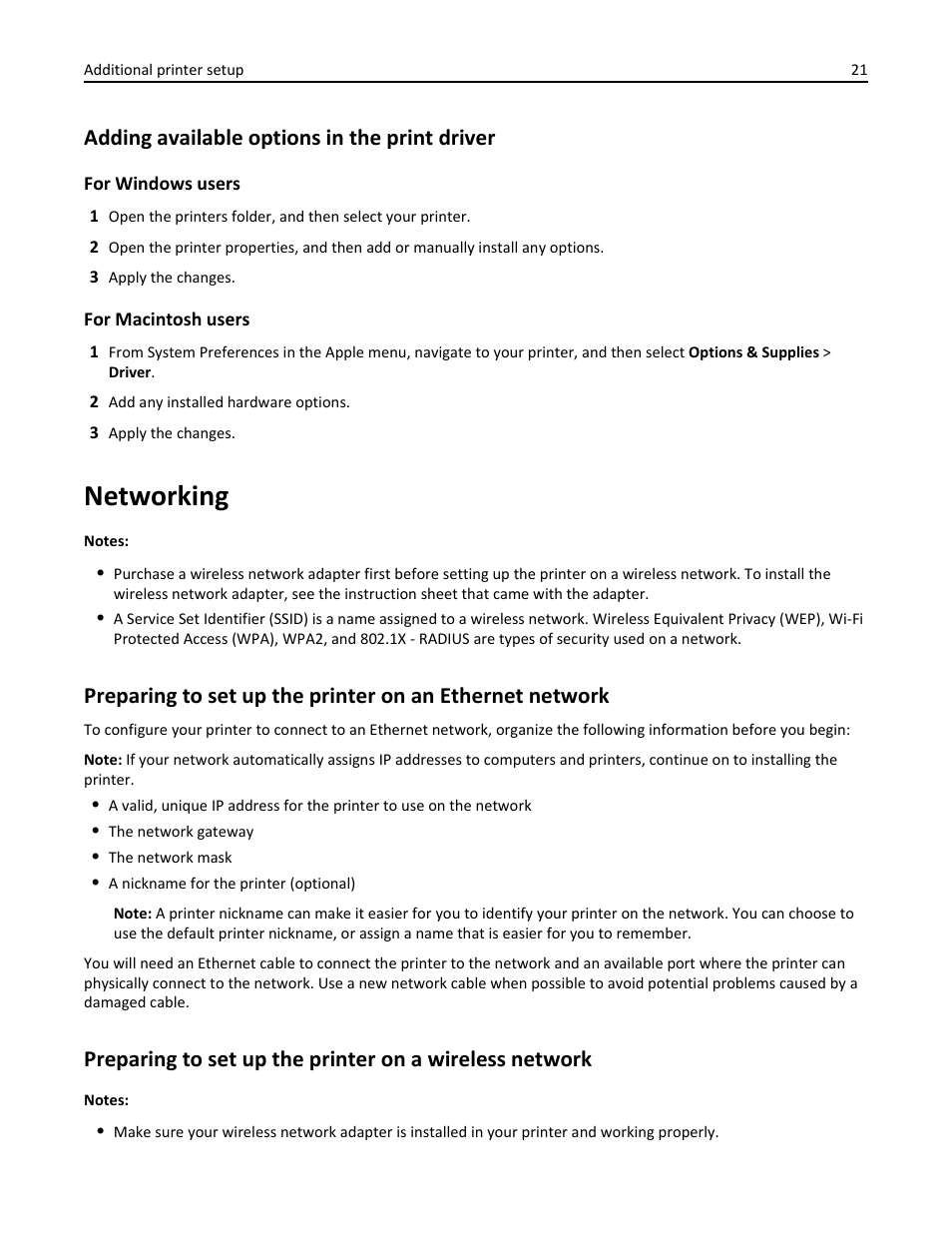 Adding available options in the print driver, Networking | Dell B3460dn Mono Laser Printer User Manual | Page 21 / 165