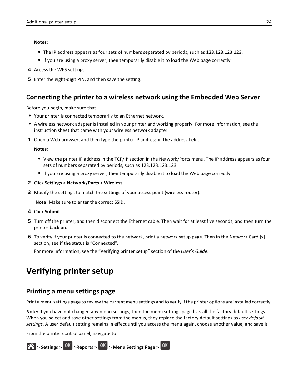 Verifying printer setup, Printing a menu settings page | Dell B3460dn Mono Laser Printer User Manual | Page 24 / 165