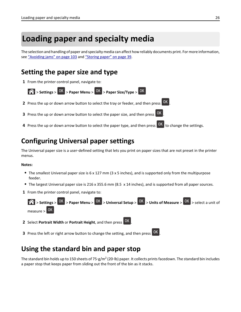 Loading paper and specialty media, Setting the paper size and type, Configuring universal paper settings | Using the standard bin and paper stop | Dell B3460dn Mono Laser Printer User Manual | Page 26 / 165