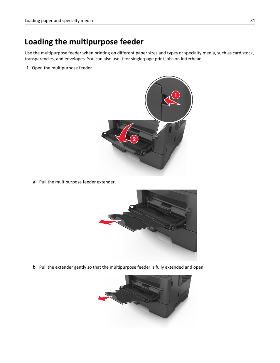 Loading the multipurpose feeder | Dell B3460dn Mono Laser Printer User Manual | Page 31 / 165