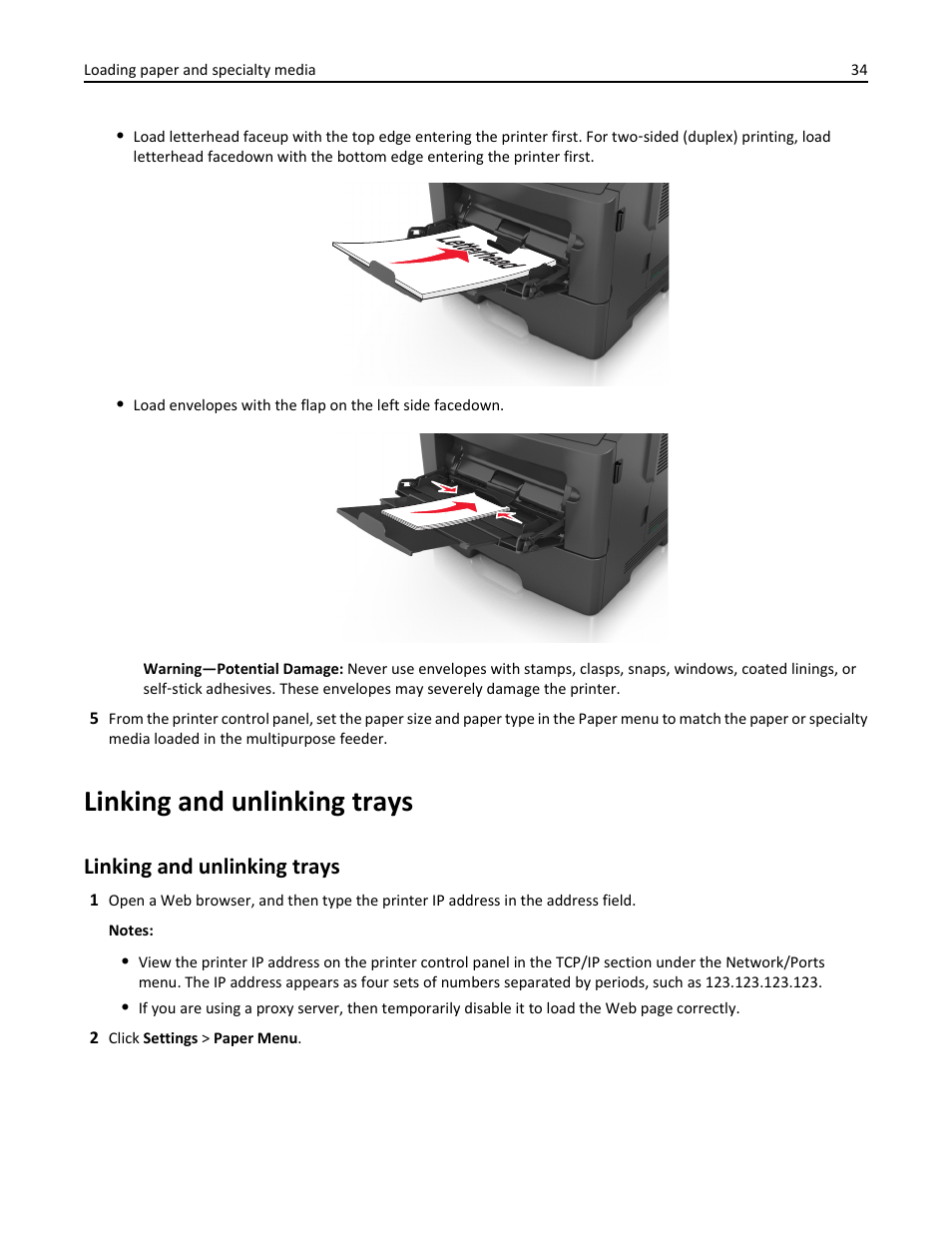 Linking and unlinking trays | Dell B3460dn Mono Laser Printer User Manual | Page 34 / 165