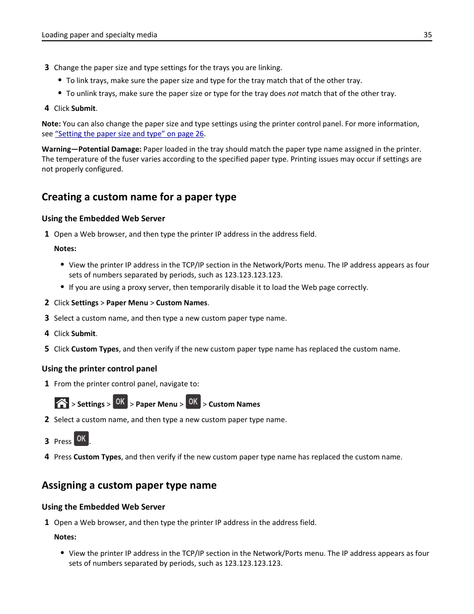 Creating a custom name for a paper type, Assigning a custom paper type name | Dell B3460dn Mono Laser Printer User Manual | Page 35 / 165