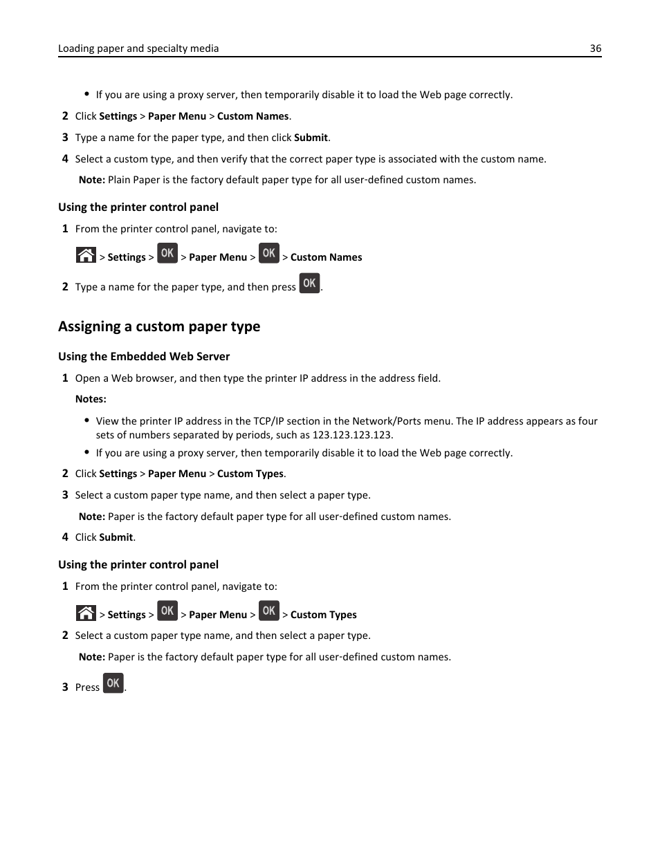 Assigning a custom paper type | Dell B3460dn Mono Laser Printer User Manual | Page 36 / 165