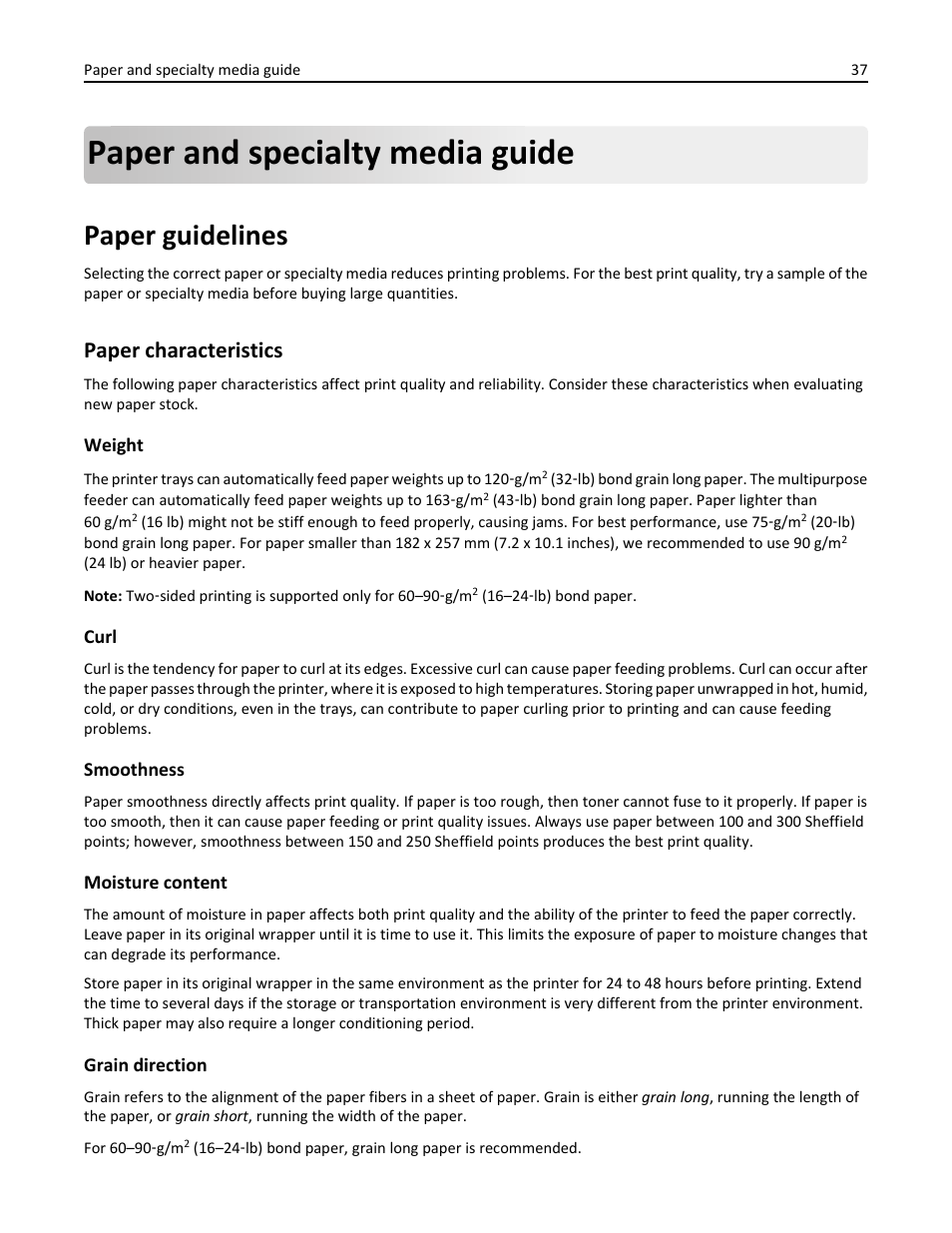 Paper and specialty media guide, Paper guidelines, Paper characteristics | Dell B3460dn Mono Laser Printer User Manual | Page 37 / 165