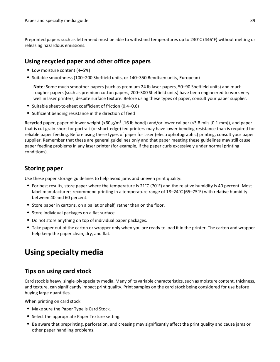 Using recycled paper and other office papers, Storing paper, Using specialty media | Tips on using card stock | Dell B3460dn Mono Laser Printer User Manual | Page 39 / 165