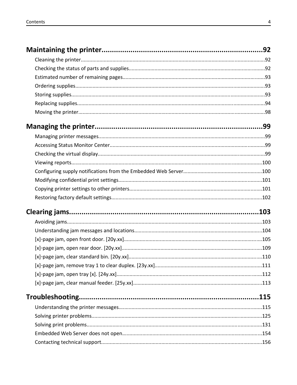 Maintaining the printer, Managing the printer, Clearing jams | Troubleshooting | Dell B3460dn Mono Laser Printer User Manual | Page 4 / 165