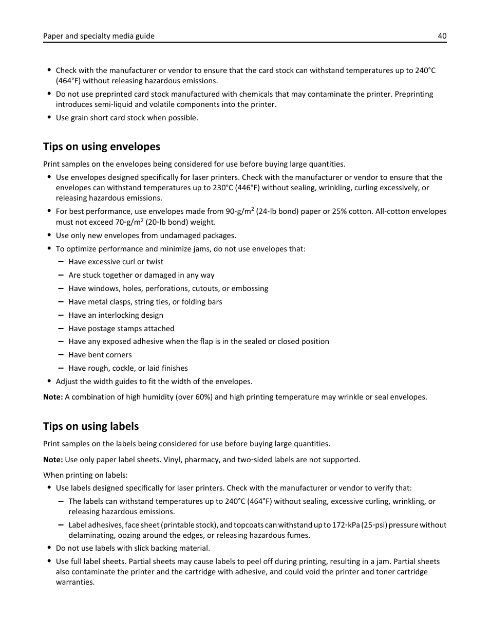 Tips on using envelopes, Tips on using labels | Dell B3460dn Mono Laser Printer User Manual | Page 40 / 165