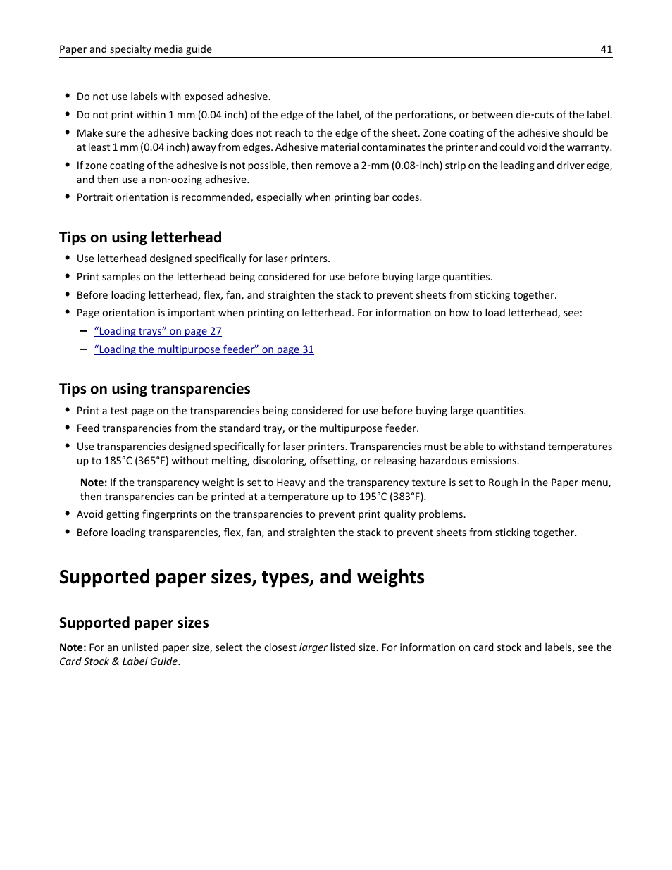 Tips on using letterhead, Tips on using transparencies, Supported paper sizes, types, and weights | Supported paper sizes | Dell B3460dn Mono Laser Printer User Manual | Page 41 / 165