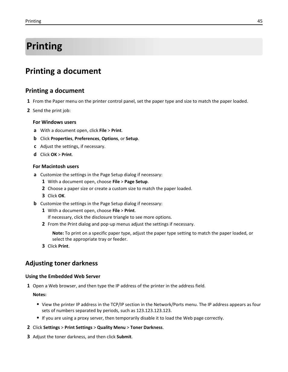 Printing, Printing a document, Adjusting toner darkness | Printing a document adjusting toner darkness | Dell B3460dn Mono Laser Printer User Manual | Page 45 / 165