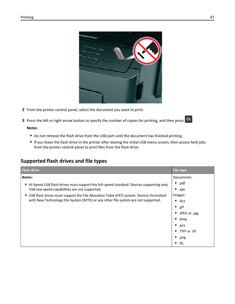 Supported flash drives and file types | Dell B3460dn Mono Laser Printer User Manual | Page 47 / 165