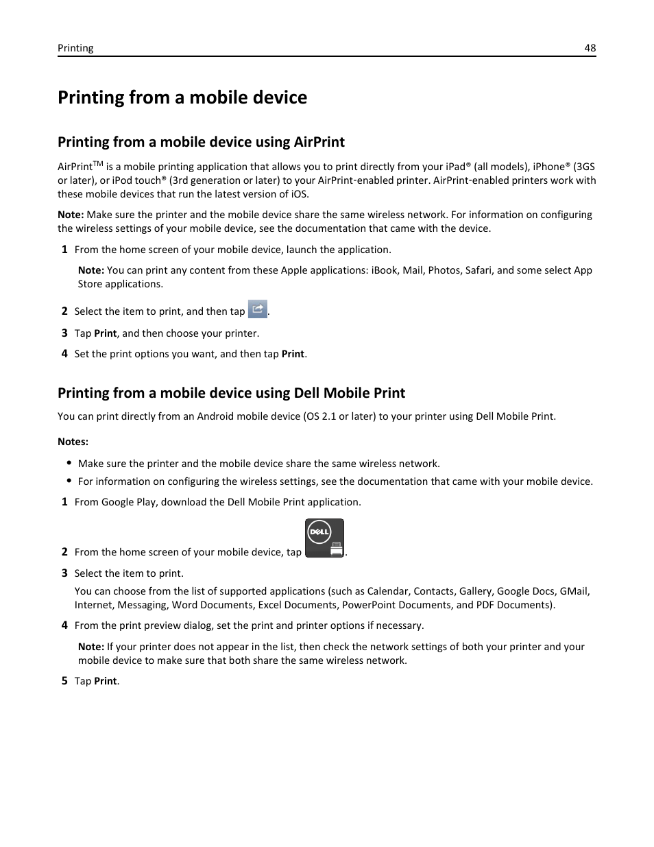 Printing from a mobile device, Printing from a mobile device using airprint | Dell B3460dn Mono Laser Printer User Manual | Page 48 / 165