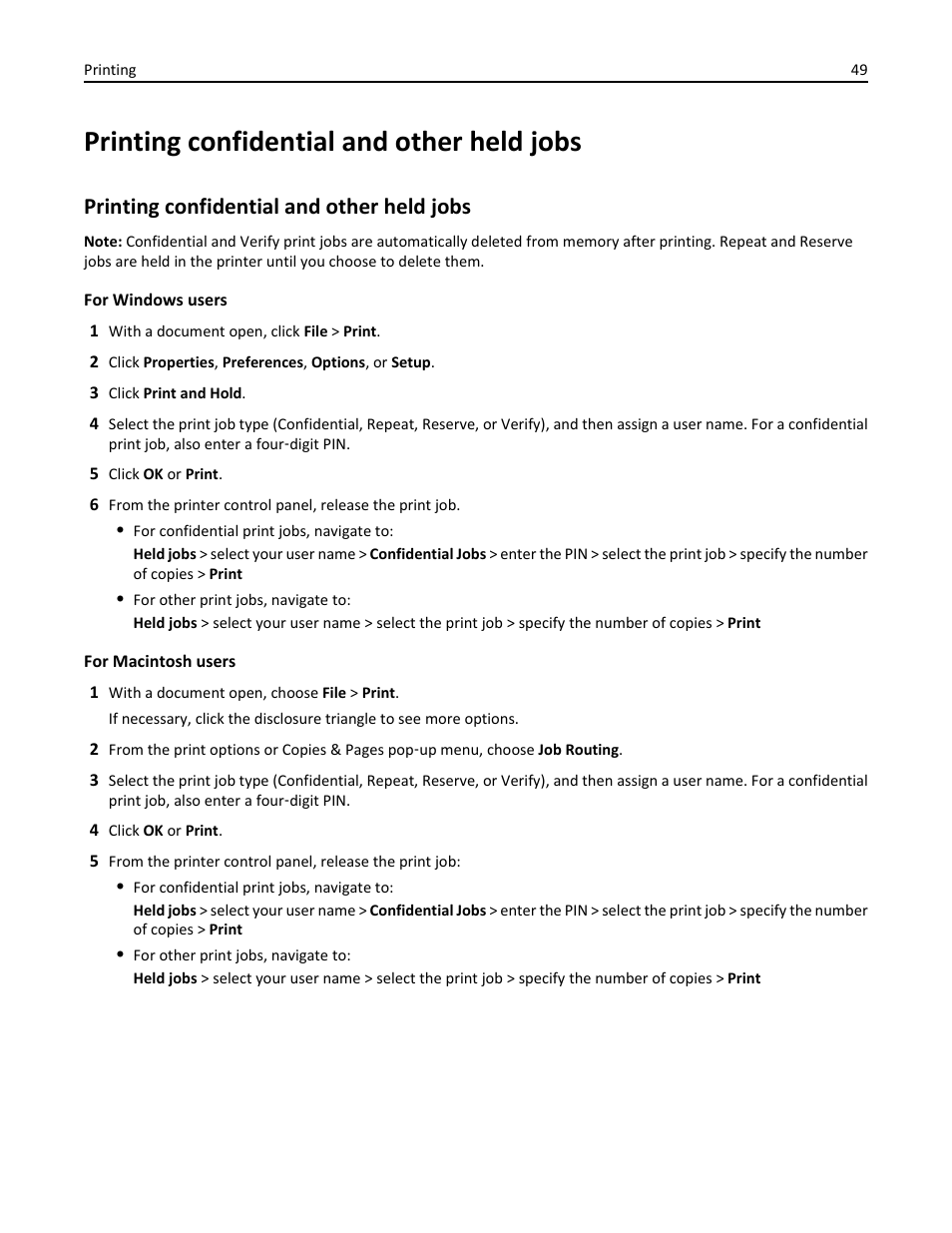 Printing confidential and other held jobs | Dell B3460dn Mono Laser Printer User Manual | Page 49 / 165