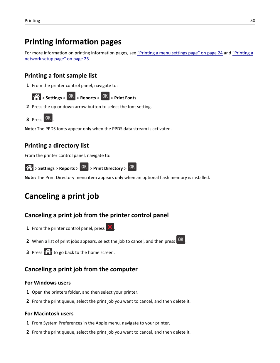 Printing a font sample list, Printing a directory list, Canceling a print job | Canceling a print job from the computer, Printing information pages | Dell B3460dn Mono Laser Printer User Manual | Page 50 / 165