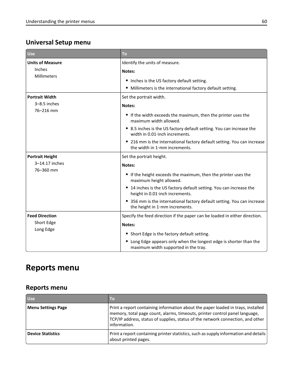 Universal setup menu, Reports menu | Dell B3460dn Mono Laser Printer User Manual | Page 60 / 165