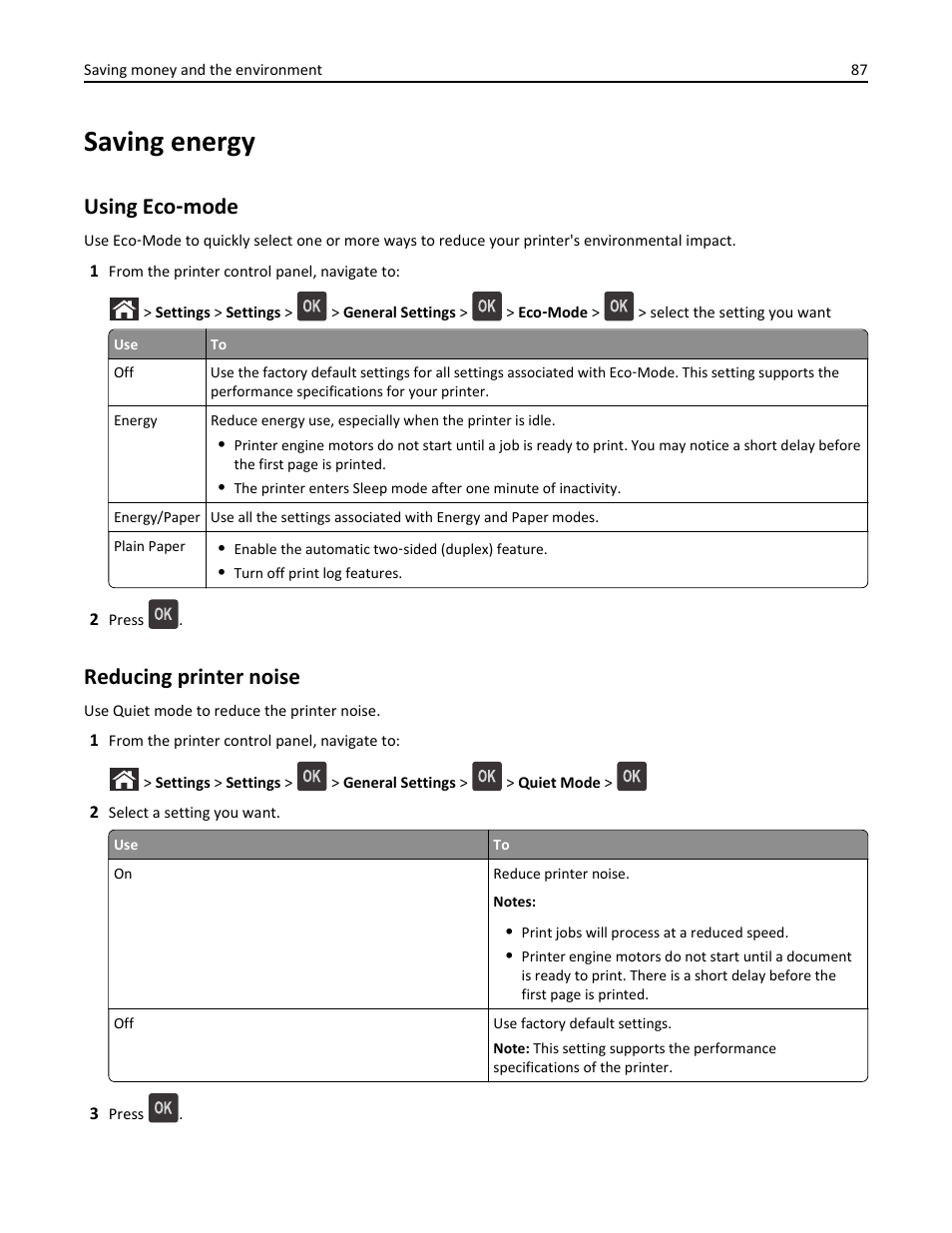 Saving energy, Using eco-mode, Reducing printer noise | Using eco, Mode” on, Using eco ‑ mode | Dell B3460dn Mono Laser Printer User Manual | Page 87 / 165