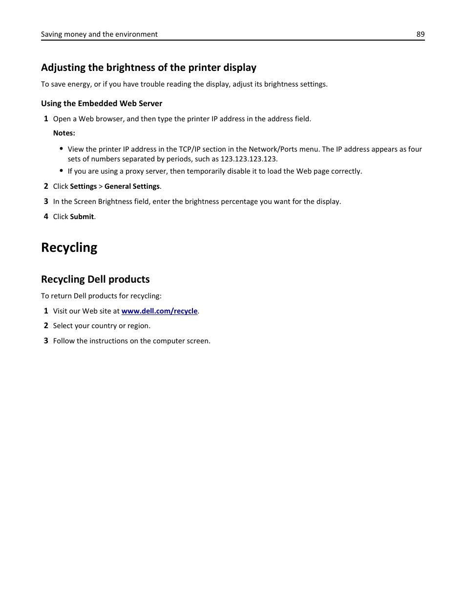 Adjusting the brightness of the printer display, Recycling, Recycling dell products | Dell B3460dn Mono Laser Printer User Manual | Page 89 / 165
