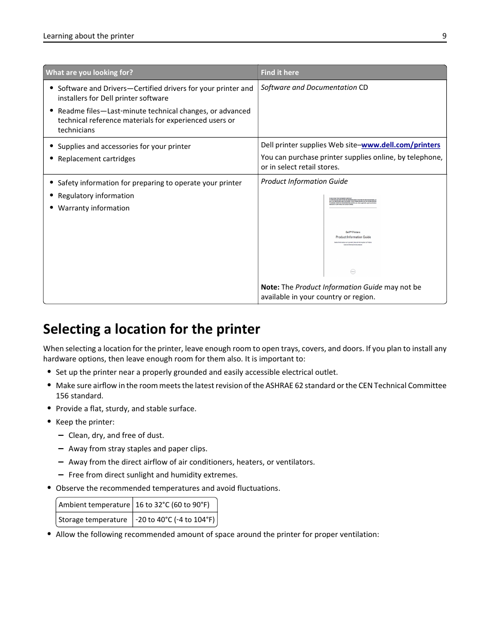 Selecting a location for the printer | Dell B3460dn Mono Laser Printer User Manual | Page 9 / 165